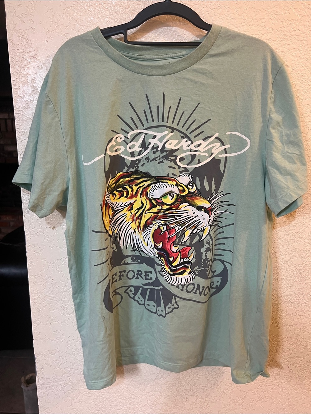 Ed Hardy Sage Green Short-Sleeve Tee with Multicolor Tiger Graphic